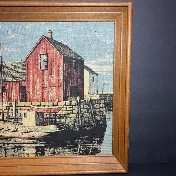 Vintage Nautical Wooden Framed Dockside Fishing Boat Cove Linen Wall Art Print - Picture 3 of 6